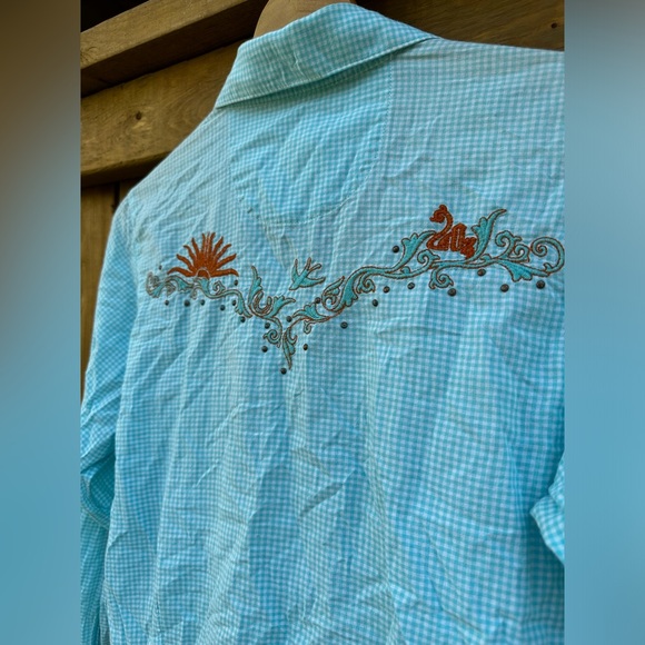 Vintage Western Shirt Cowgirl Southwestern Aqua Orange Country Top Festival - Picture 9 of 17